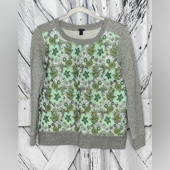 J Crew Gray Sweatshirt Green Brocade Wool Blend Crew S - Picture 1 of 6